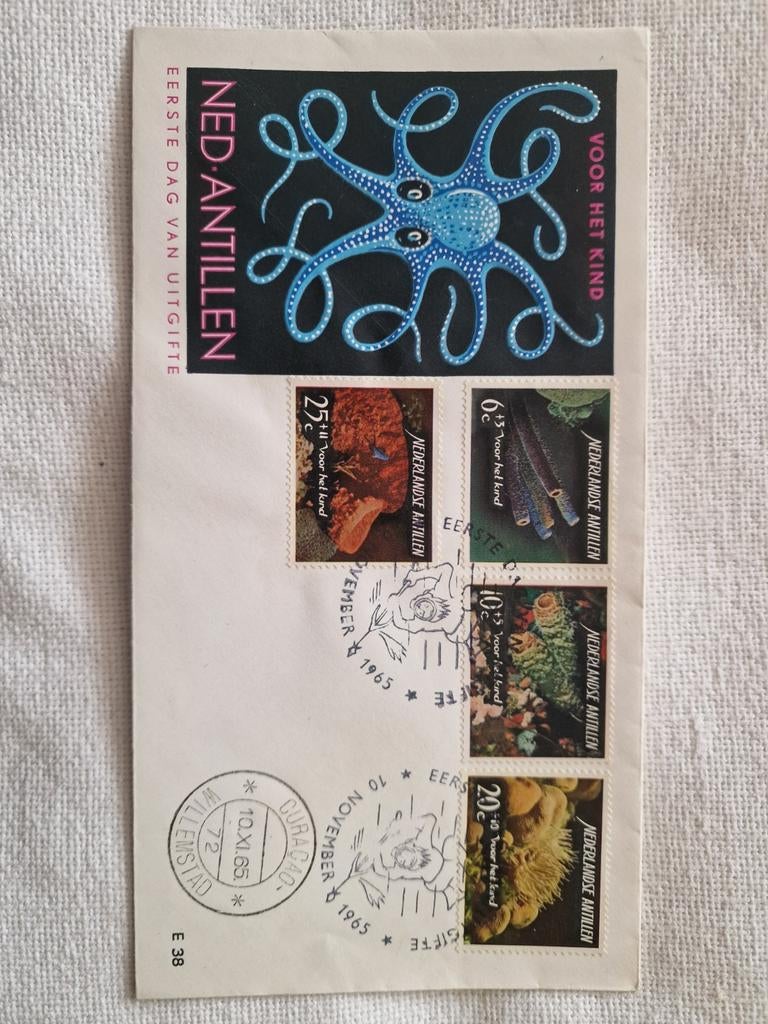 FDC E38 Ned. Antillen 'Voor het Kind' 1965 - Onderwaterleven, Postzegels en Munten, Postzegels | Eerstedagenveloppen, Ophalen of Verzenden