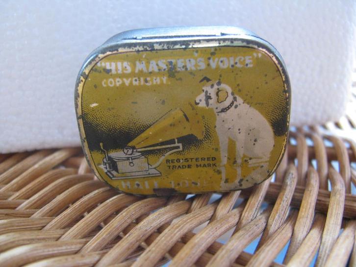 His Masters Voice * Nipper * blikje * heel OUD * + naalden *, Antiek en Kunst, Antiek | Tv's en Audio, Ophalen of Verzenden