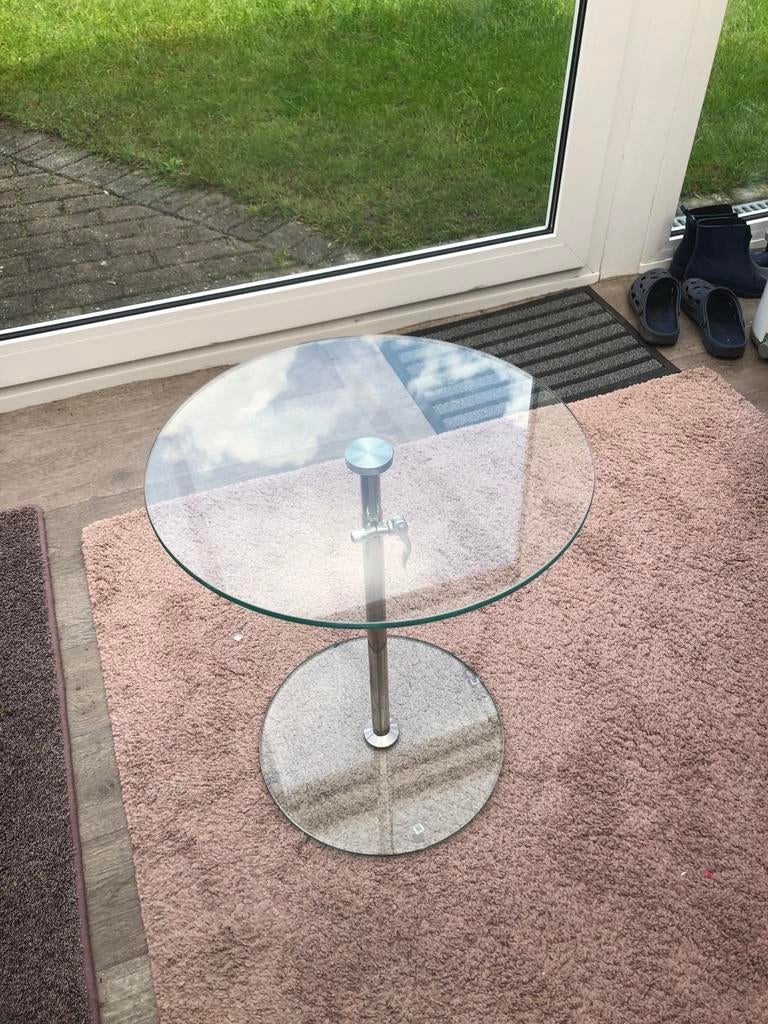 Glazen salontafel met metalen poot, rond., Ophalen, Minder dan 45 cm, Minder dan 55 cm, Gebruikt