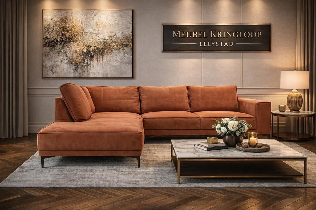 Cognac hoekbank 260x210cm. U €325,- gereinigd, Huis en Inrichting, Banken | Bankstellen, Zo goed als nieuw, Hoekbank, Vierpersoons of meer