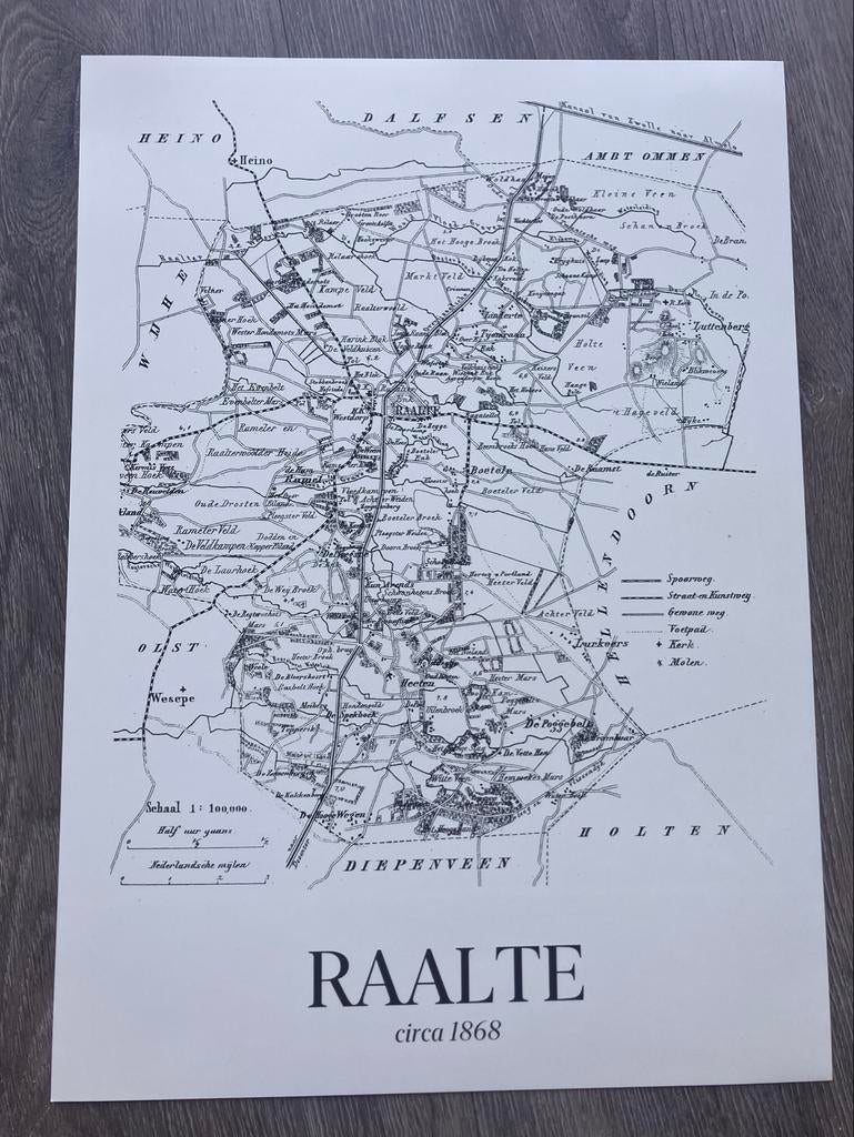 Vintage kaart Raalte circa 1868, Landkaart, 1800 tot 2000, Nederland, Ophalen
