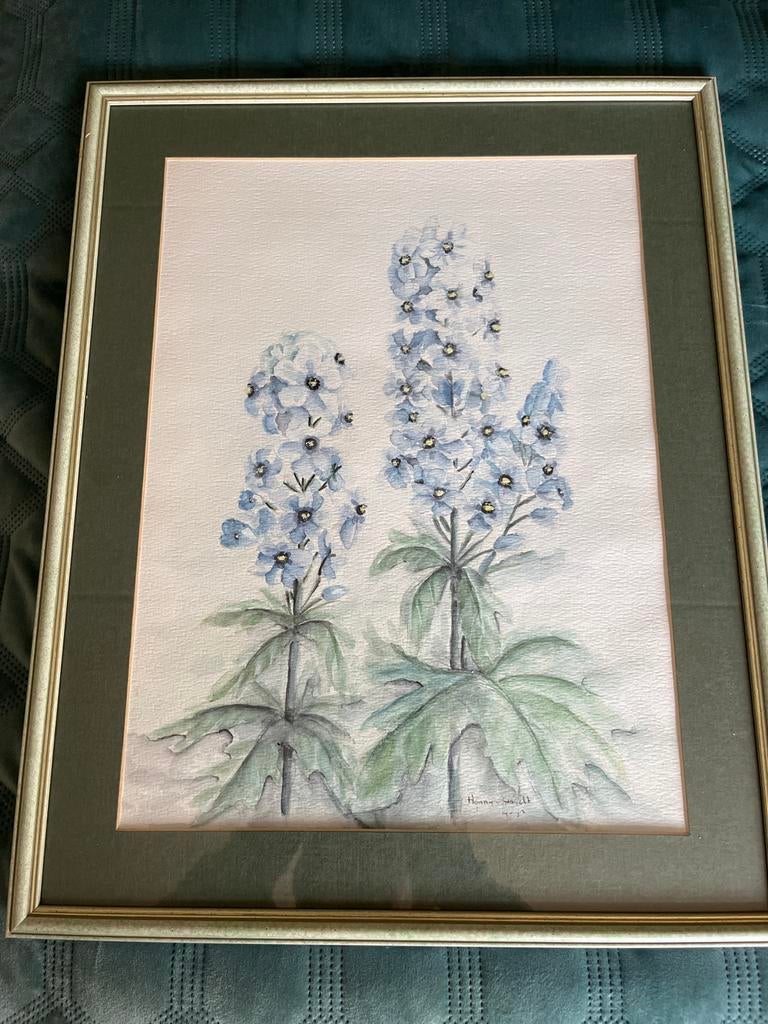 Aquarel Hanny Seggelt - Delphinium (Ridderspoor) - 1992, Ophalen of Verzenden