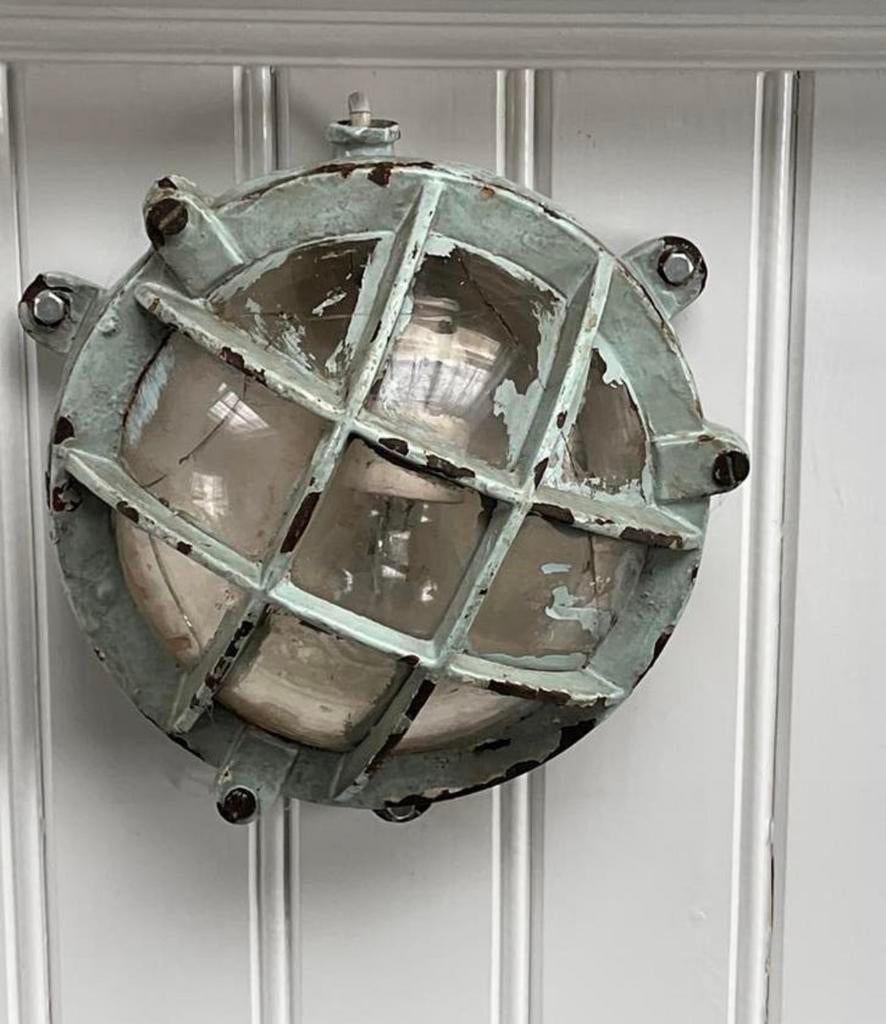 Groene vintage brocante scheepslamp, Antiek en Kunst, Curiosa en Brocante, Ophalen of Verzenden