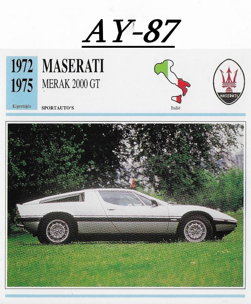 Ay87 autokaart maserati merak 2000 gt ( 1972 - 1975 ), Ophalen of Verzenden, Zo goed als nieuw, Auto's
