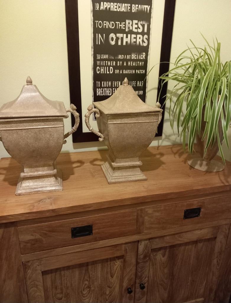 Brocante metalen siervazen taupe kleur 43H 3.8 kilo GELDROP, Tuin en Terras, Tuinvazen, Ophalen