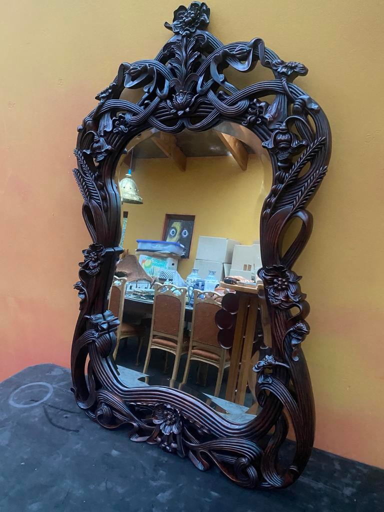 art nouveau spiegel in mahonie, Antiek en Kunst, Antiek | Spiegels, Ophalen of Verzenden, Overige vormen, 50 tot 100 cm, Minder dan 100 cm