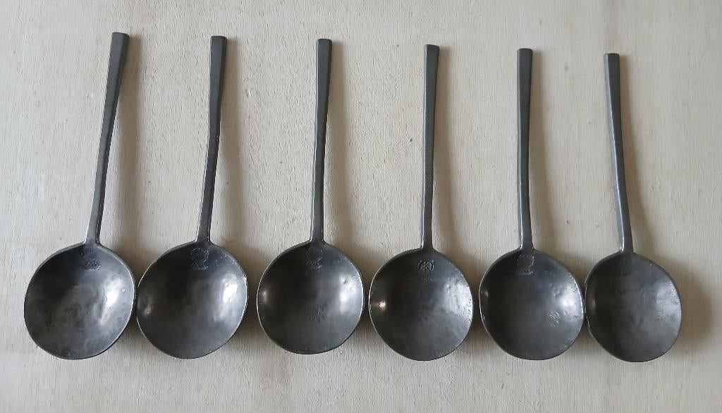 Set van 6 oude tinnen lepels, model rattenstaart., Antiek en Kunst, Antiek | Tin, Ophalen of Verzenden
