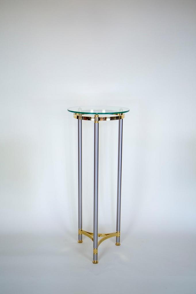 Bloemen standaard van messing, RVS en glas, Ophalen, Minder dan 55 cm, Gebruikt, Metaal of Aluminium