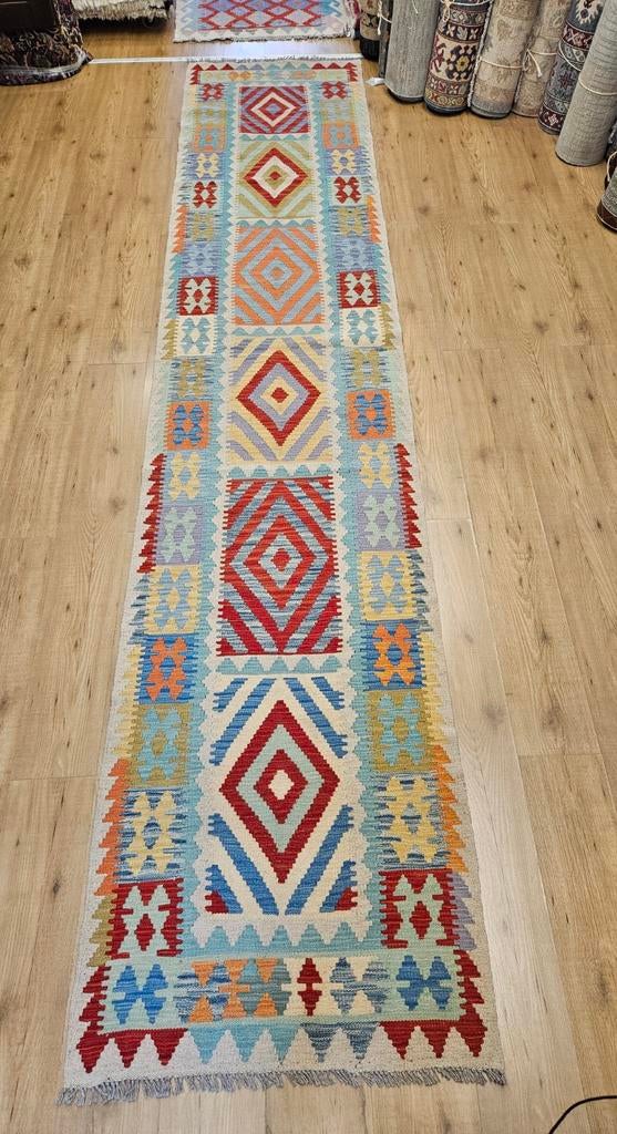 Handgeweven oosterse wollen kelim loper 400x80