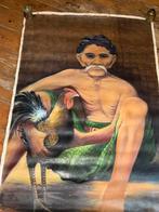 Zeer mooi oud schilderij doek gesigneerd man met haan, Ophalen of Verzenden