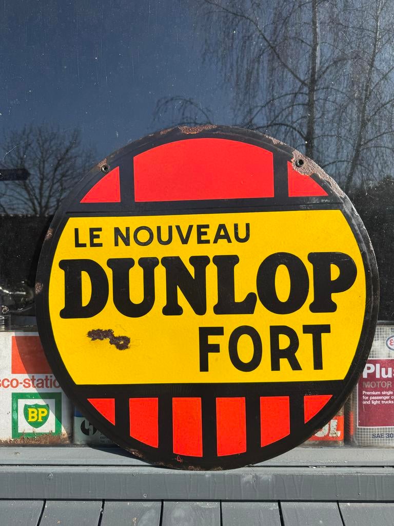 Vintage Dunlop Fort Emaille Reclamebord - Le Nouveau, Ophalen, Reclamebord, Gebruikt, .