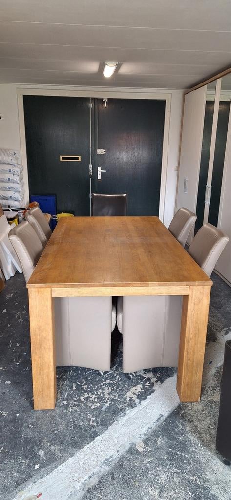 Massief eiken Tafel met 6  lederen stoelen, Gebruikt, 200 cm of meer, Rechthoekig, 50 tot 100 cm