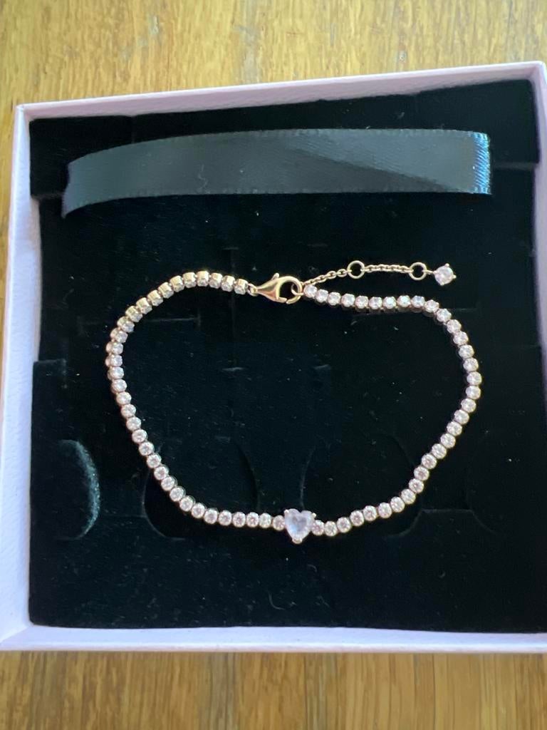 Roze Gouden Pandora Armband met Zirkonia en Hart Bedel, Overige materialen, Nieuw, Ophalen of Verzenden, Roze