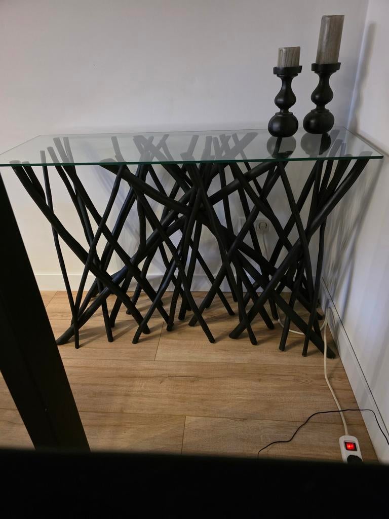 Sidetable teakhout met glasplaat, Ophalen, Zo goed als nieuw, Vrijstaande haard, Elektrische haard