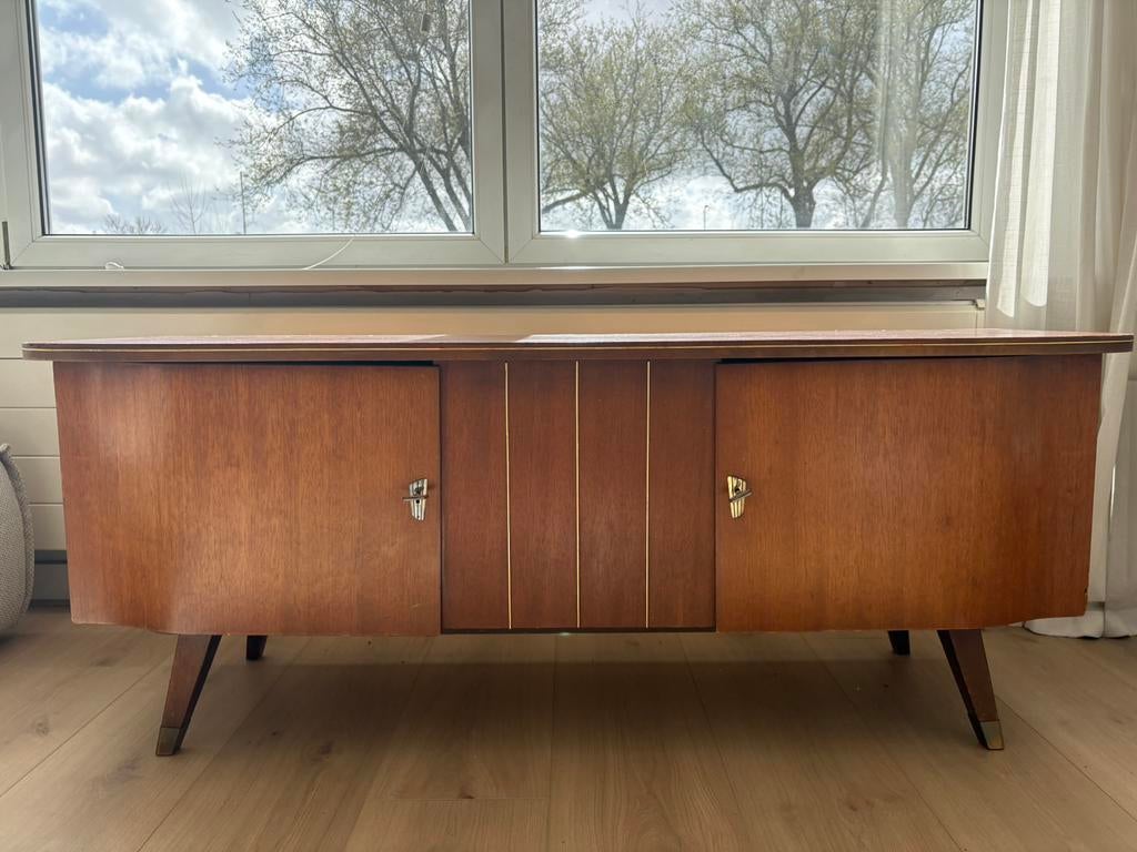 Vintage mid century dressoir teak met messing details, Ophalen, Gebruikt, 100 tot 150 cm, Teakhout