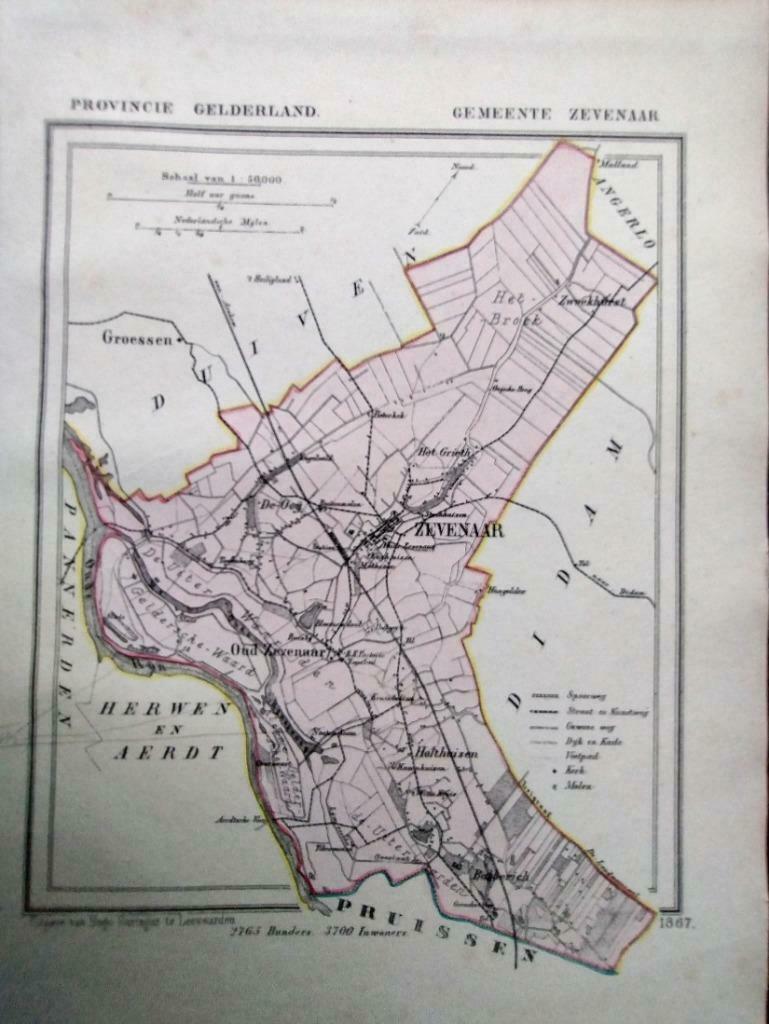 204 / Zevenaar/ Holthuizen/ De Ooij/ Litho 1867 Kuyper GLD, Antiek en Kunst, Ophalen of Verzenden
