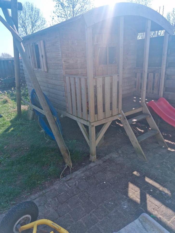 Houten speelhuisje pipowagen, Kinderen en Baby's, Speelgoed | Buiten | Speeltoestellen, Gebruikt, Ophalen of Verzenden