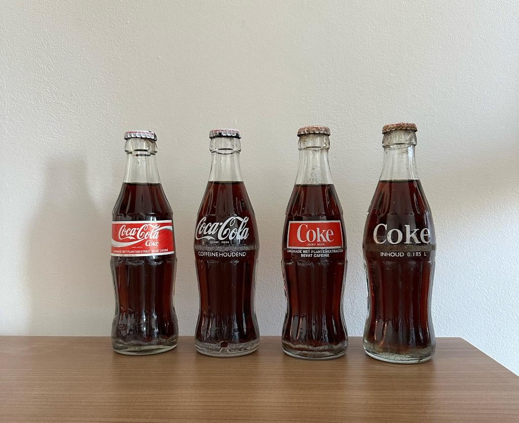 4x Vintage glazen Coca-Cola flesjes , NL, jaren '60/'70, Verzamelen, Ophalen, Nieuw, Verpakking