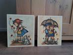 2 Vintage Hummel prentjes op hardboard 27 bij 23 cm 1974 pst, Minder dan 50 cm, Gebruikt, Ophalen of Verzenden, Schilderij