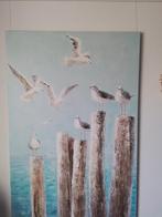 Te koop groot Schiderij met Meeuwen  op palen aan het strand, Antiek en Kunst, Kunst | Schilderijen | Klassiek, Ophalen of Verzenden