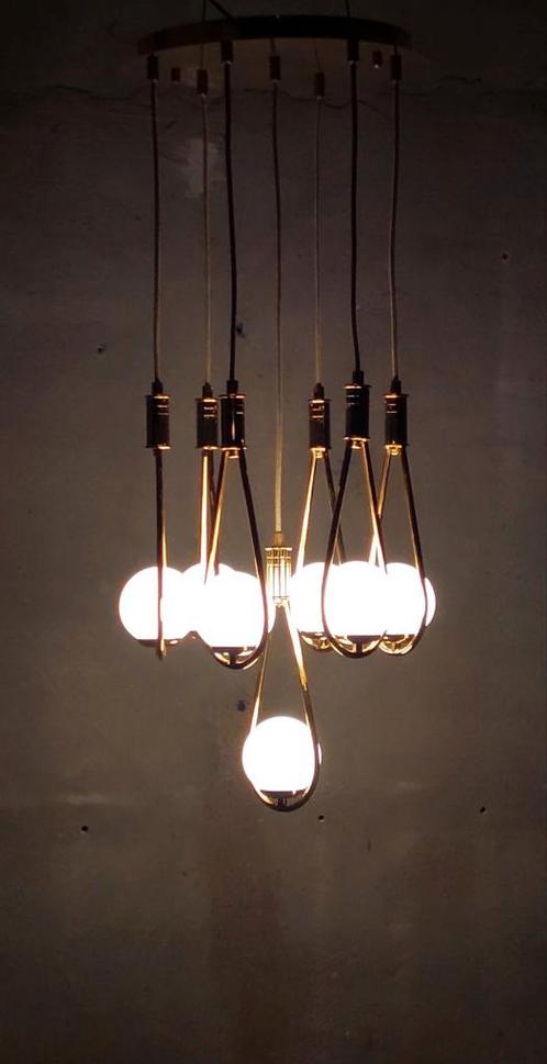 Glamour kroonluchter goud met wit glazen bollen 1 meter, Huis en Inrichting, Lampen | Kroonluchters, Zo goed als nieuw, Glas, Metaal