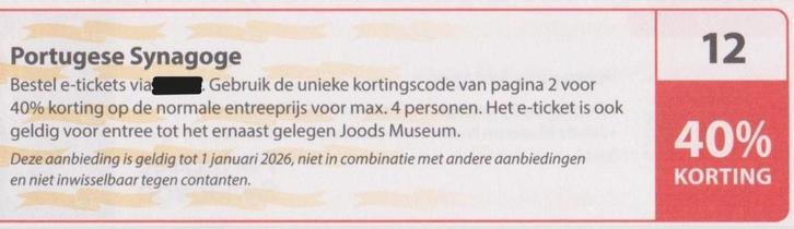 Portugese Synagoge. 40% korting. Postcodeloterij bon nr 12., Tickets en Kaartjes, Musea, Drie personen of meer, Kortingskaart
