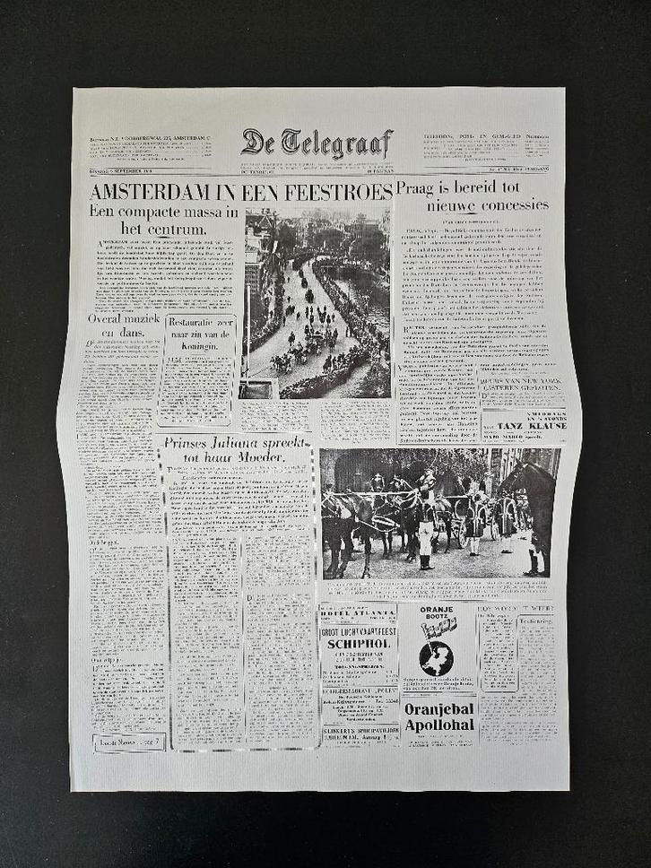afdruk van historische voorpagina Telegraaf van 6-9-1938, Verzamelen, Tijdschriften, Kranten en Knipsels, Knipsel(s), Nederland