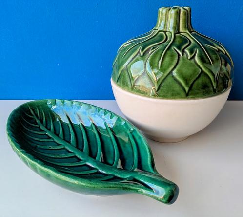 Vintage groen/blad schaaltje en kom met deksel, Antiek en Kunst, Antiek | Keramiek en Aardewerk, Ophalen of Verzenden