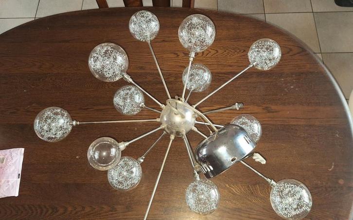 Vintage Sputnik Kroonluchter, Huis en Inrichting, Lampen | Hanglampen, Gebruikt, 75 cm of meer, Glas, Metaal, Ophalen