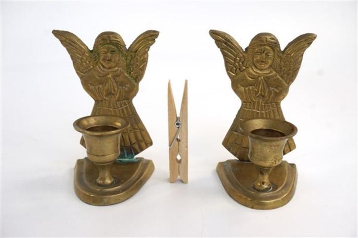 2 Vintage messing kandelaars engel, Huis en Inrichting, Woonaccessoires | Kandelaars en Kaarsen, Zo goed als nieuw, Kandelaar