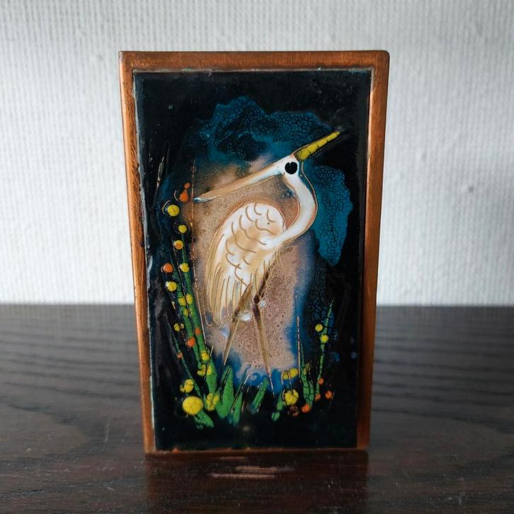 Sagitta emaille luciferdoos omslag met Reiger, Antiek en Kunst, Antiek | Emaille, Ophalen of Verzenden