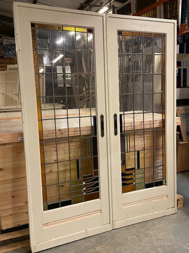 Set schuif / en-suite deuren met glas in lood 214x165cm, Antiek en Kunst, Curiosa en Brocante, Ophalen