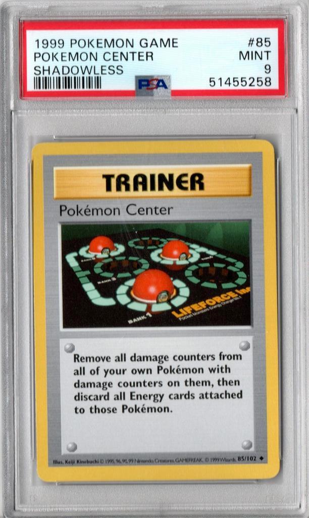 Trainer Pokemon Center Shadowless Psa 9 Base set, Hobby en Vrije tijd, Verzamelkaartspellen | Pokémon, Zo goed als nieuw, Losse kaart