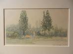 Aquarel Oeverandschap met figuren Toon van Odijk 1976 12x21, Ophalen of Verzenden