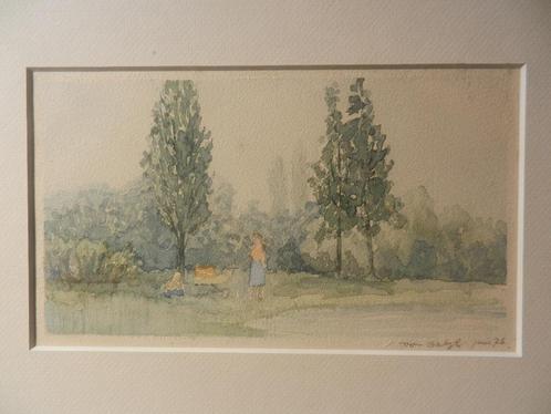 Aquarel Oeverandschap met figuren Toon van Odijk 1976 12x21, Antiek en Kunst, Kunst | Tekeningen en Foto's, Ophalen of Verzenden