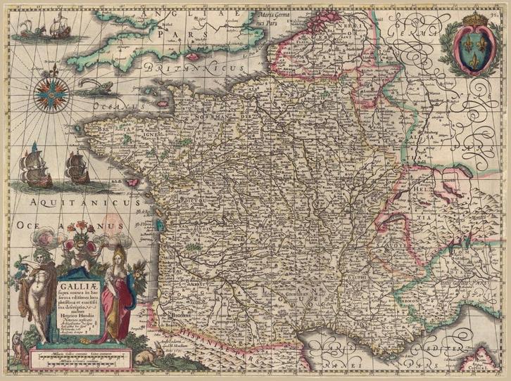 Grote landkaart van Frankrijk door Hondius 17e eeuw, Boeken, Atlassen en Landkaarten, Zo goed als nieuw, Landkaart, Wereld, 1800 tot 2000