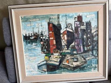 Fraai Im/Expressionistisch schilderij  van een haven beschikbaar voor biedingen