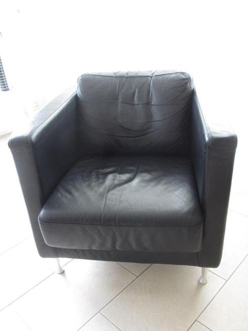 2 zwartleren fauteuils, Huis en Inrichting, Fauteuils, Gebruikt, Leer, 50 tot 75 cm, 75 tot 100 cm, Ophalen