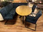 Todd eetkamerbank & 2 stoelen – Donkerblauw suede, Twee, Blauw, Ophalen of Verzenden, Zo goed als nieuw