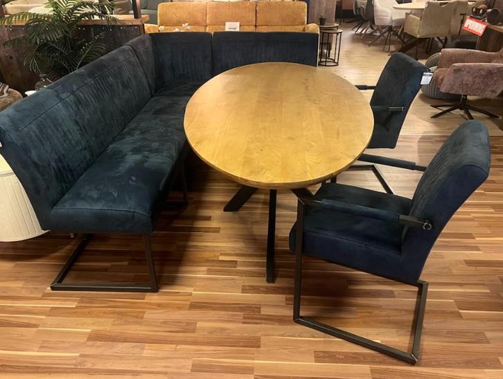 Todd eetkamerbank & 2 stoelen – Donkerblauw suede, Huis en Inrichting, Stoelen, Zo goed als nieuw, Twee, Metaal, Stof, Blauw, Ophalen of Verzenden