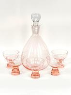 Midcentury roze kristallen karaf met vijf glazen, gegraveerd, Ophalen