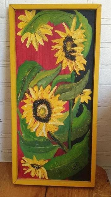 Schilderij zonnebloemen dik geschilderd monogram EJM beschikbaar voor biedingen