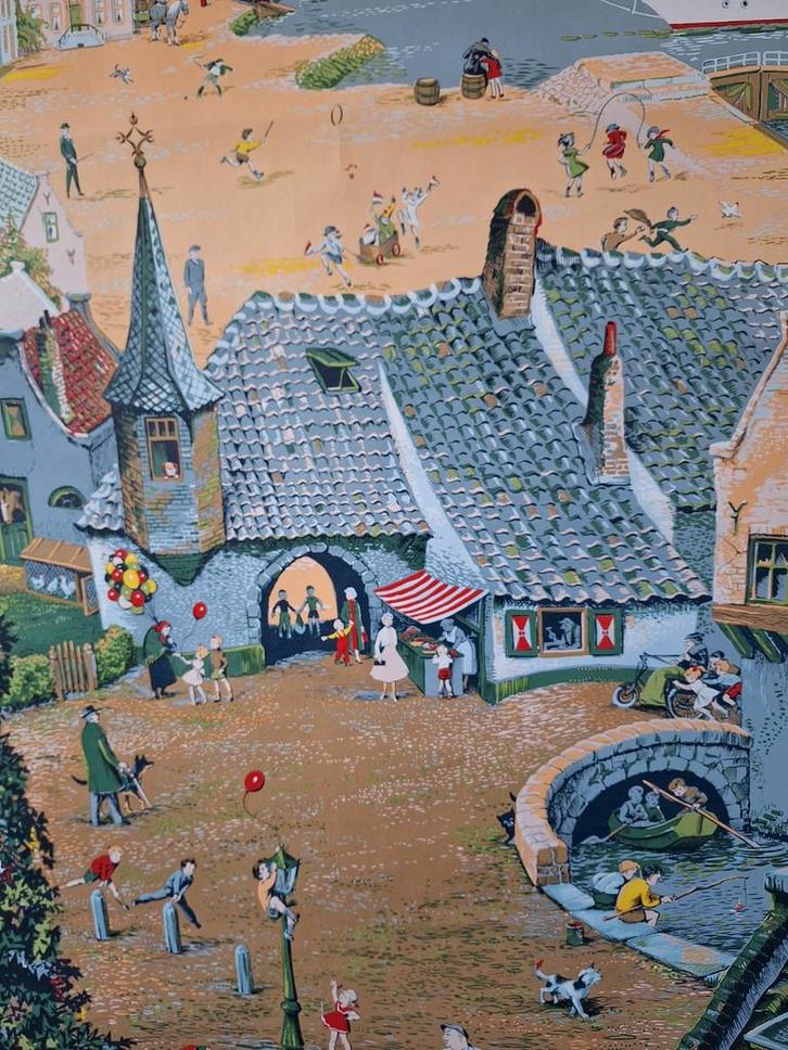 Oude Schoolplaat - Zomerse Dorpsgezicht, Antiek en Kunst, Antiek | Schoolplaten, Ophalen of Verzenden