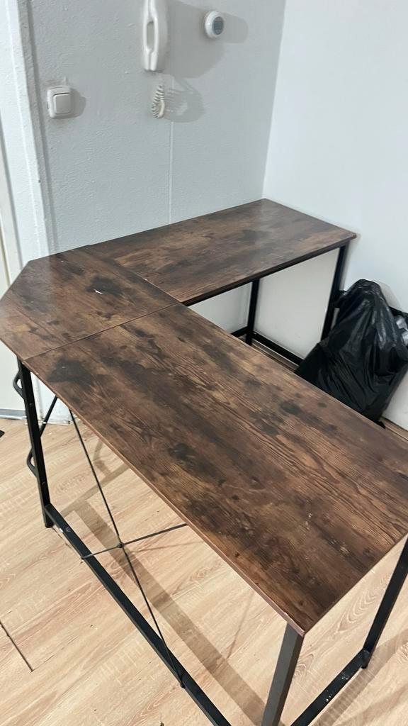 Industrieel Hoekbureau L-vorm - Donker Hout/Staal, Huis en Inrichting, Bureaus, Gebruikt, Bureau, Ophalen of Verzenden