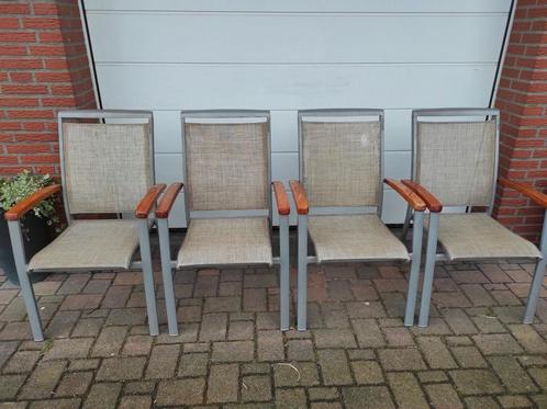 4 stoelen Sieger Chalet Cadiz textileen teak tuinstoelen, Tuin en Terras, Tuinstoelen, Gebruikt, Ophalen