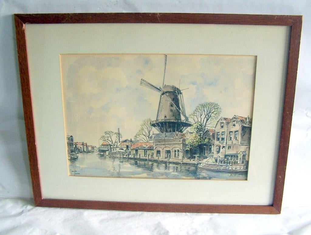 Prachtige aquarel Gouda Gouwe Molen. 43x33cm. Nieuwstaat., Ophalen of Verzenden