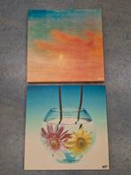 Twee Schilderijen - Bloemen en Zonsondergang, Antiek en Kunst, Kunst | Schilderijen | Klassiek, Ophalen of Verzenden