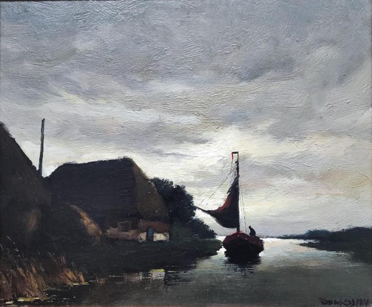 Toon Koster (1913-1990) - Rivierlandschap in de schemer, Antiek en Kunst, Kunst | Schilderijen | Klassiek, Ophalen of Verzenden
