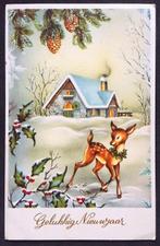Ansicht Kerst Kaart Gelukkig Nieuwjaar Hertje Goud, Ophalen of Verzenden, 1960 tot 1980, Gelopen, Feest(dag)