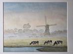 Aquarel. Koeien in de wei. Molen., Antiek en Kunst, Kunst | Schilderijen | Modern, Ophalen of Verzenden